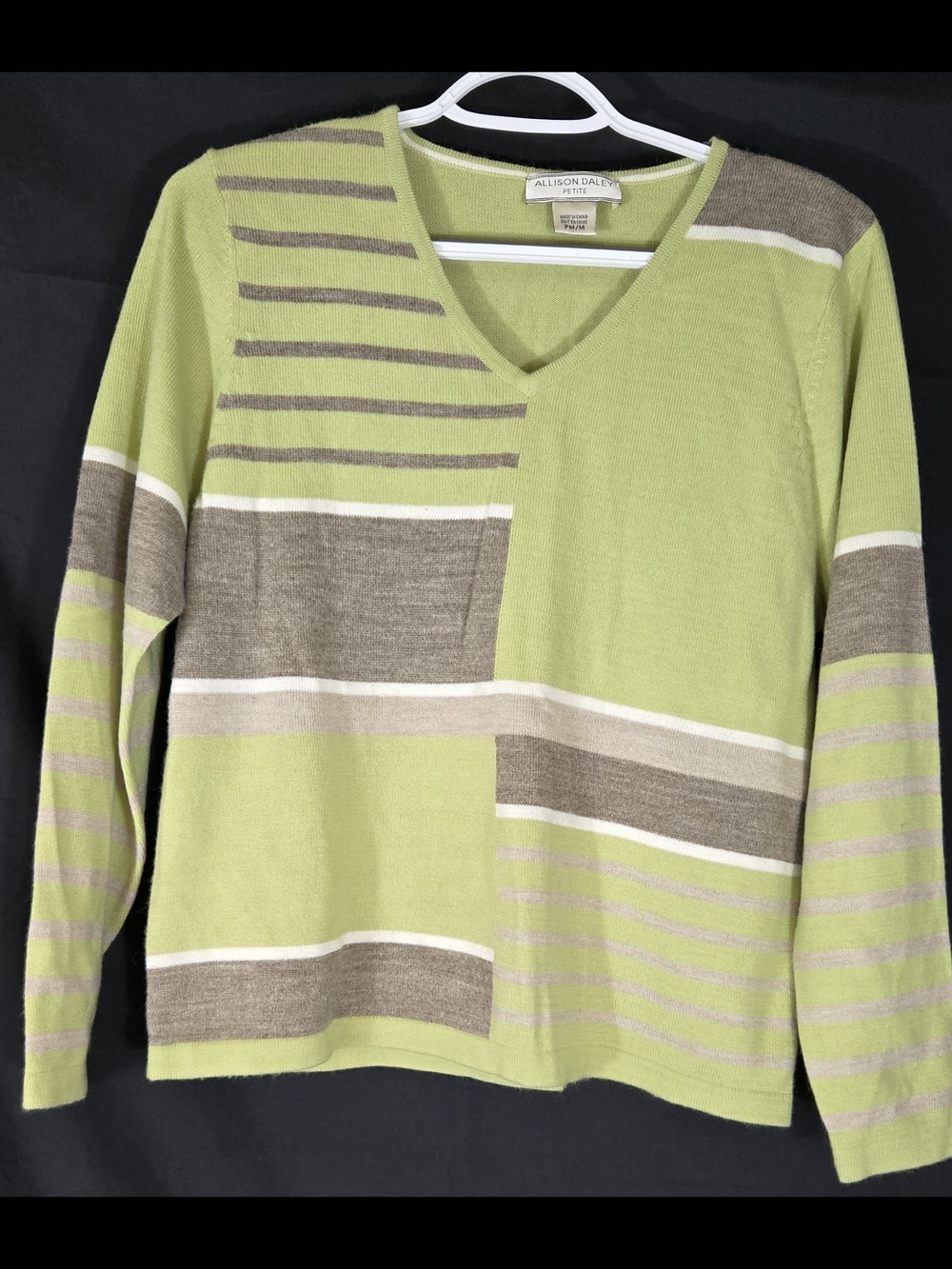 Allison Daley Green Patchwork V-Neck Sweater #462